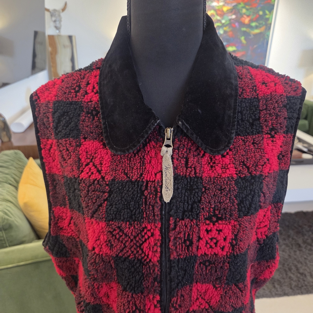 Vintage Woolrich Buffalo Plaid Fleece Vest, Velour Collar 90s Cabincore Large - Picture 5 of 12